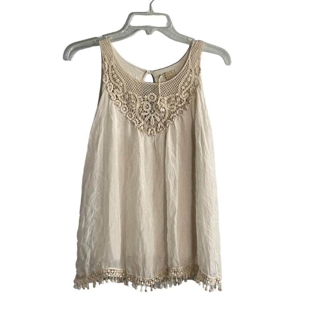 Prontomoda Giusy Sleeveless Crochet Neck & Hem Silk Blouse‎ Lined Cream S